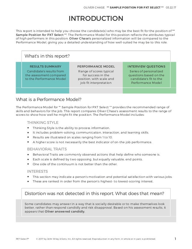 PXT Select™ Comprehensive Selection Report sample