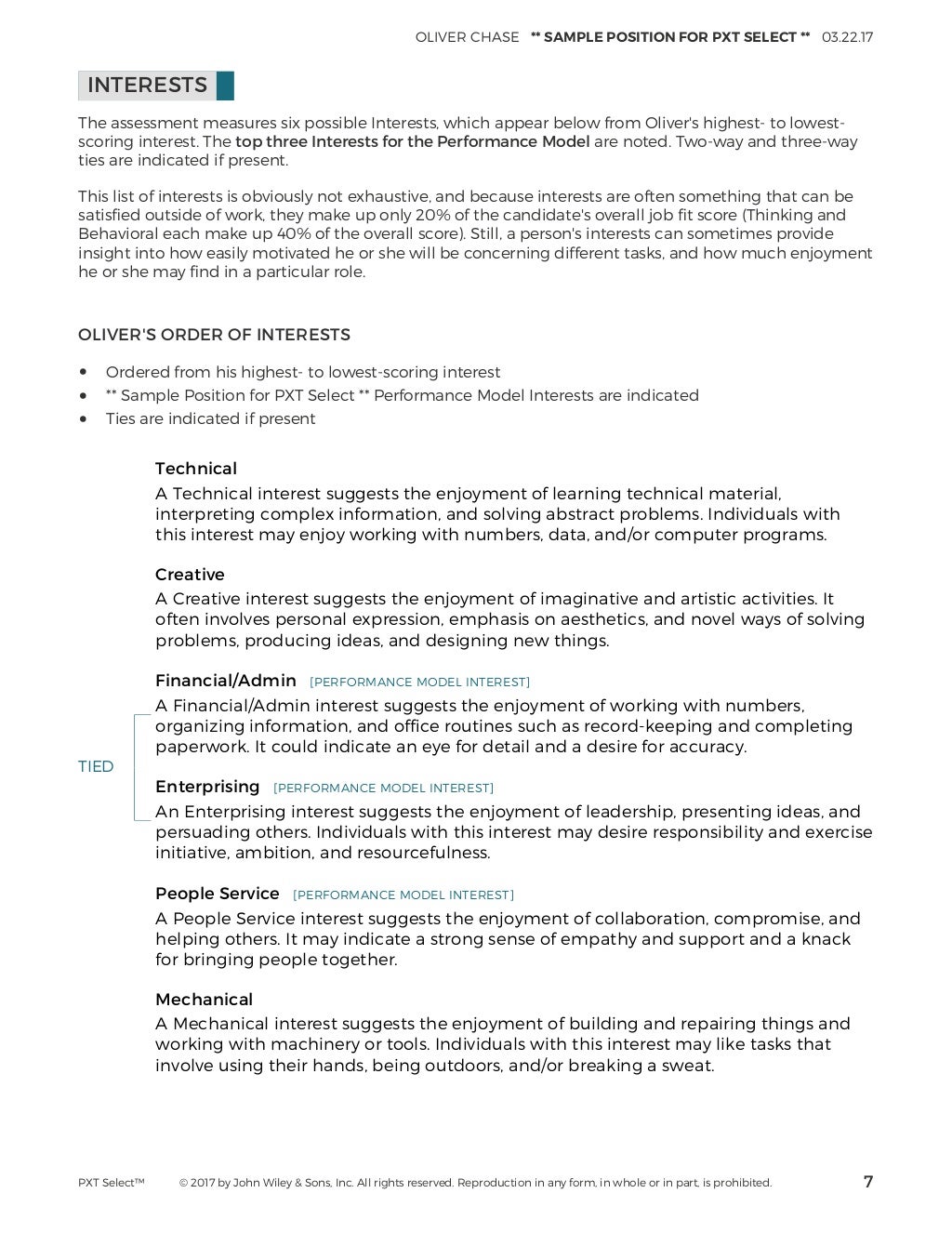 PXT Select™ Comprehensive Selection Report sample