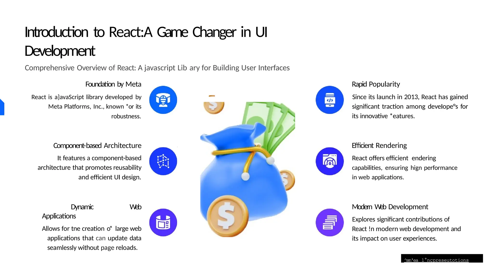 ^œn'ea 1°nçpreseutotions
Introduction to React:A Game Changer in UI
Development
Comprehensive Overview of React: A javascript Lib ary for Building User Interfaces
Foundation by Meta
React is a}avaScript library developed by
Meta Platforms, Inc., known *or its
robustness.
Component-based Architecture
It features a component-based
architecture that promotes reusability
and efficient UI design.
Dynamic Web
Applications
Allows for tne creation o* large web
applications that can update data
seamlessly without page reloads.
Rapid Popularity
Since its launch in 2013, React has gained
significant traction among deveIope°s for
its innovative *eatures.
Efficient Rendering
React offers efficient endering
capabilities, ensuring hign performance
in web applications.
Modern Web Development
Explores significant contributions of
React !n modern web development and
its impact on user experiences.
 