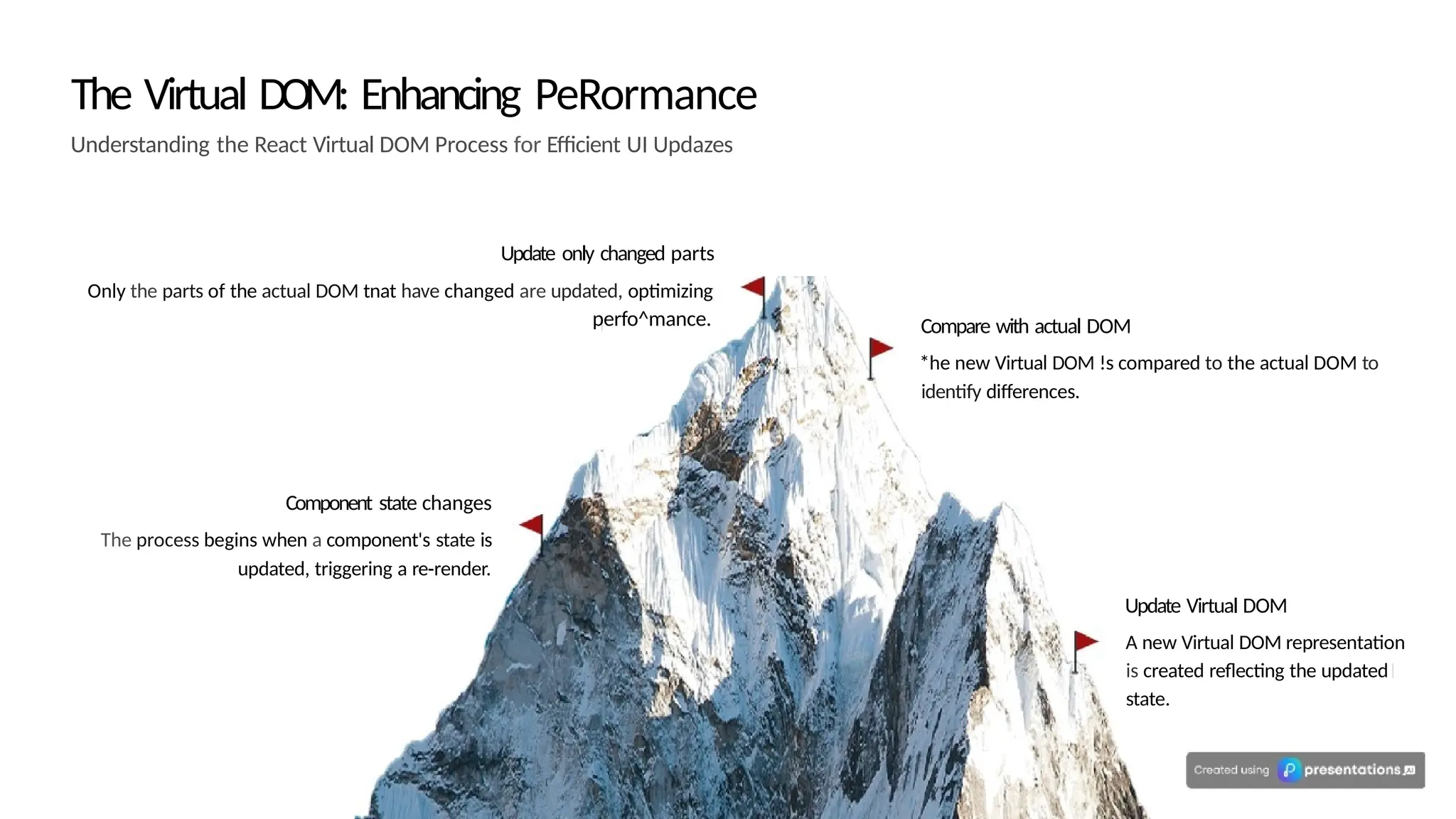 The Virtual DOM: Enhancing PeRormance
Understanding the React Virtual DOM Process for Efficient UI Updazes
Update only changed parts
Only the parts of the actual DOM tnat have changed are updated, optimizing
perfo^mance.
Component state changes
The process begins when a component's state is
updated, triggering a re-render.
Compare with actual DOM
*he new Virtual DOM !s compared to the actual DOM to
identify differences.
Update Virtual DOM
A new Virtual DOM representation
is created reflecting the updated
state.
 