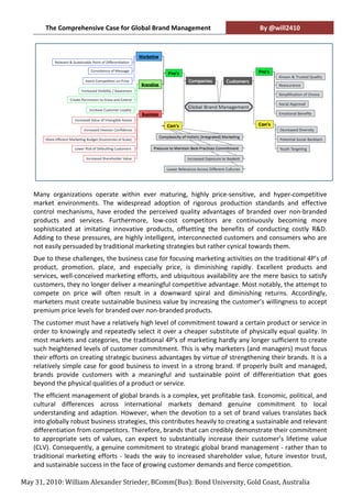 The	
  Comprehensive	
  Case	
  for	
  Global	
  Brand	
  Management	
                                                   By	
  @will2410	
  
     	
  




                                                                                                                                                                                	
  
     	
  
     Many	
   organizations	
   operate	
   within	
   ever	
   maturing,	
   highly	
   price-­‐sensitive,	
   and	
   hyper-­‐competitive	
  
     market	
   environments.	
   The	
   widespread	
   adoption	
   of	
   rigorous	
   production	
   standards	
   and	
   effective	
  
     control	
   mechanisms,	
   have	
   eroded	
   the	
   perceived	
   quality	
   advantages	
   of	
   branded	
   over	
   non-­‐branded	
  
     products	
   and	
   services.	
   Furthermore,	
   low-­‐cost	
   competitors	
   are	
   continuously	
   becoming	
   more	
  
     sophisticated	
   at	
   imitating	
   innovative	
   products,	
   offsetting	
   the	
   benefits	
   of	
   conducting	
   costly	
   R&D.	
  
     Adding	
  to	
  these	
  pressures,	
  are	
  highly	
  intelligent,	
  interconnected	
  customers	
  and	
  consumers	
  who	
  are	
  
     not	
  easily	
  persuaded	
  by	
  traditional	
  marketing	
  strategies	
  but	
  rather	
  cynical	
  towards	
  them.	
  
     Due	
   to	
   these	
   challenges,	
   the	
   business	
   case	
   for	
   focusing	
   marketing	
   activities	
   on	
   the	
   traditional	
   4P’s	
   of	
  
     product,	
   promotion,	
   place,	
   and	
   especially	
   price,	
   is	
   diminishing	
   rapidly.	
   Excellent	
   products	
   and	
  
     services,	
  well-­‐conceived	
  marketing	
  efforts,	
  and	
  ubiquitous	
  availability	
  are	
  the	
  mere	
  basics	
  to	
  satisfy	
  
     customers,	
  they	
  no	
  longer	
  deliver	
  a	
  meaningful	
  competitive	
  advantage.	
  Most	
  notably,	
  the	
  attempt	
  to	
  
     compete	
   on	
   price	
   will	
   often	
   result	
   in	
   a	
   downward	
   spiral	
   and	
   diminishing	
   returns.	
   Accordingly,	
  
     marketers	
  must	
  create	
  sustainable	
  business	
  value	
  by	
  increasing	
  the	
  customer’s	
  willingness	
  to	
  accept	
  
     premium	
  price	
  levels	
  for	
  branded	
  over	
  non-­‐branded	
  products.	
  	
  
     The	
  customer	
  must	
  have	
  a	
  relatively	
  high	
  level	
  of	
  commitment	
  toward	
  a	
  certain	
  product	
  or	
  service	
  in	
  
     order	
  to	
  knowingly	
  and	
  repeatedly	
  select	
  it	
  over	
  a	
  cheaper	
  substitute	
  of	
  physically	
  equal	
  quality.	
  In	
  
     most	
  markets	
  and	
  categories,	
  the	
  traditional	
  4P’s	
  of	
  marketing	
  hardly	
  any	
  longer	
  sufficient	
  to	
  create	
  
     such	
  heightened	
  levels	
  of	
  customer	
  commitment.	
  This	
  is	
  why	
  marketers	
  (and	
  managers)	
  must	
  focus	
  
     their	
  efforts	
  on	
  creating	
  strategic	
  business	
  advantages	
  by	
  virtue	
  of	
  strengthening	
  their	
  brands.	
  It	
  is	
  a	
  
     relatively	
   simple	
   case	
   for	
   good	
   business	
   to	
   invest	
   in	
   a	
   strong	
   brand.	
   If	
   properly	
   built	
   and	
   managed,	
  
     brands	
   provide	
   customers	
   with	
   a	
   meaningful	
   and	
   sustainable	
   point	
   of	
   differentiation	
   that	
   goes	
  
     beyond	
  the	
  physical	
  qualities	
  of	
  a	
  product	
  or	
  service.	
  	
  	
  
     The	
  efficient	
  management	
  of	
  global	
  brands	
  is	
  a	
  complex,	
  yet	
  profitable	
  task.	
  Economic,	
  political,	
  and	
  
     cultural	
   differences	
   across	
   international	
   markets	
   demand	
   genuine	
   commitment	
   to	
   local	
  
     understanding	
   and	
   adaption.	
   However,	
   when	
   the	
   devotion	
   to	
   a	
   set	
   of	
   brand	
   values	
   translates	
   back	
  
     into	
  globally	
  robust	
  business	
  strategies,	
  this	
  contributes	
  heavily	
  to	
  creating	
  a	
  sustainable	
  and	
  relevant	
  
     differentiation	
  from	
  competitors.	
  Therefore,	
  brands	
  that	
  can	
  credibly	
  demonstrate	
  their	
  commitment	
  
     to	
   appropriate	
   sets	
   of	
   values,	
   can	
   expect	
   to	
   substantially	
   increase	
   their	
   customer’s	
   lifetime	
   value	
  
     (CLV).	
  Consequently,	
  a	
  genuine	
  commitment	
  to	
  strategic	
  global	
  brand	
  management	
  -­‐	
  rather	
  than	
  to	
  
     traditional	
   marketing	
   efforts	
   -­‐	
   leads	
   the	
   way	
   to	
   increased	
   shareholder	
   value,	
   future	
   investor	
   trust,	
  
     and	
  sustainable	
  success	
  in	
  the	
  face	
  of	
  growing	
  customer	
  demands	
  and	
  fierce	
  competition.	
  

May	
  31,	
  2010:	
  William	
  Alexander	
  Strieder,	
  BComm(Bus):	
  Bond	
  University,	
  Gold	
  Coast,	
  Australia	
  
 