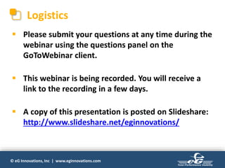 © eG Innovations, Inc | www.eginnovations.com
Logistics
 Please submit your questions at any time during the
webinar using the questions panel on the
GoToWebinar client.
 This webinar is being recorded. You will receive a
link to the recording in a few days.
 A copy of this presentation is posted on Slideshare:
http://www.slideshare.net/eginnovations/
 