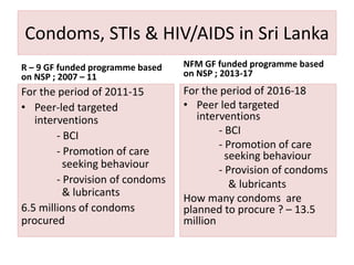 Condoms, STIs & HIV/AIDS in Sri Lanka
R – 9 GF funded programme based
on NSP ; 2007 – 11
For the period of 2011-15
• Peer-led targeted
interventions
- BCI
- Promotion of care
seeking behaviour
- Provision of condoms
& lubricants
6.5 millions of condoms
procured
NFM GF funded programme based
on NSP ; 2013-17
For the period of 2016-18
• Peer led targeted
interventions
- BCI
- Promotion of care
seeking behaviour
- Provision of condoms
& lubricants
How many condoms are
planned to procure ? – 13.5
million
 