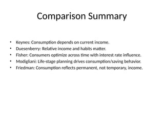 Comparison Summary
• Keynes: Consumption depends on current income.
• Duesenberry: Relative income and habits matter.
• Fisher: Consumers optimize across time with interest rate influence.
• Modigliani: Life-stage planning drives consumption/saving behavior.
• Friedman: Consumption reflects permanent, not temporary, income.
 