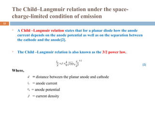 The Child–Langmuir relation under the space-
charge-limited condition of emission
 A Child –Langmuir relation states that for a planar diode how the anode
current depends on the anode potential as well as on the separation between
the cathode and the anode[2].
 The Child –Langmuir relation is also known as the 3/2 power law.
[2]
Where,
= distance between the planar anode and cathode
= anode current
= anode potential
= current density
3/2
0 0
0 2
4 2
9
I V
J
A d
 
 
0
I
0
V
d
15
J
 