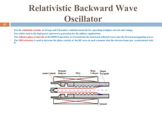 Relativistic Backward Wave
Oscillator
 It is the relativistic version, an O-type and Cherenkov radiation based device, operating at higher current and voltage.
 It is widely used to the high power microwave generation for the military applications.
 The reflector plays a vital role in the RBWO operation as it transforms the backward reflected waves into the forward propagating waves.
 The SWS structure is used to decrease the phase velocity of the RF wave in such a manner that the electron beam gets synchronized with
it.
Fig.11.Schematic of RBWO[7]
27
 