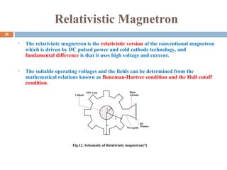 Relativistic Magnetron
 The relativistic magnetron is the relativistic version of the conventional magnetron
which is driven by DC pulsed power and cold cathode technology, and
fundamental difference is that it uses high voltage and current.
 The suitable operating voltages and the fields can be determined from the
mathematical relations known as Buneman-Hartree condition and the Hull cutoff
condition.
Fig.12. Schematic of Relativistic magnetron[7]
28
 