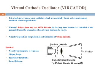 Virtual Cathode Oscillator (VIRCATOR)
 It is a high power microwave oscillator, which are essentially based on bremsstrahlung
radiation in the magnetic field.
 Vircator differs from the rest HPM Devices in the way that microwave radiation is not
generated from the interaction of an electron beam and a cavity.
 Vircator depends on the phenomena of formation of virtual cathode.
Features:
 No external magnetic is required,
 Simple design
 Frequency tunability.
 Low efficiency.
Fig.15.Basic Vircator Geometry[7]
Insulator Anode
Virtual Cathode
Window
Cathode
33
 