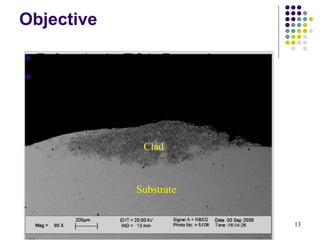 Objective To form in-situ TiC in Fe matrix  To form high quality clad (complete metallurgical bonding between clad and substrate without porosity and crack) Substrate Clad 