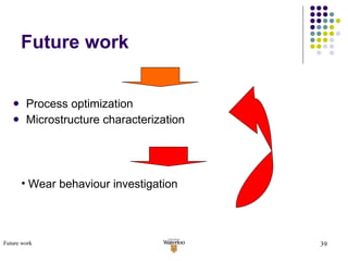 Future work Process optimization Microstructure characterization Wear behaviour investigation Future work 