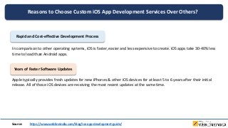 Reasons to Choose Custom iOS App Development Services Over Others?
Rapid and Cost-effective Development Process
In comparison to other operating systems, iOS is faster, easier and less expensive to create. iOS apps take 30-40% less
time to load than Android apps.
Years of Faster Software Updates
Apple typically provides fresh updates for new iPhones & other iOS devices for at least 5 to 6 years after their initial
release. All of those iOS devices are receiving the most recent updates at the same time.
Source: https://www.weblineindia.com/blog/ios-app-development-guide/
 