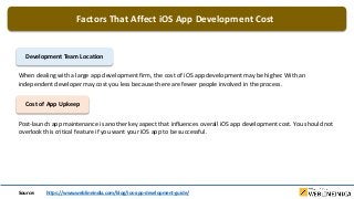 Factors That Affect iOS App Development Cost
Development Team Location
When dealing with a large app development firm, the cost of iOS app development may be higher. With an
independent developer may cost you less because there are fewer people involved in the process.
Cost of App Upkeep
Post-launch app maintenance is another key aspect that influences overall iOS app development cost. You should not
overlook this critical feature if you want your iOS app to be successful.
Source: https://www.weblineindia.com/blog/ios-app-development-guide/
 