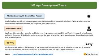 iOS App Development Trends
Machine Learning Will Become More Popular
Apple has been enabling the developer community to expand their apps with intelligent features using just a few
lines of code in the context of iOS development, all due to Core ML.
Augmented Reality
Apple provides incredibly powerful and feature-rich frameworks, such as ARKit and RealityKit, as well as tools, such
as Reality Composer & Reality Converter, which can be used to bring the most innovative and demanding ideas to life
in Augmented Reality.
Apple Pay
Apple Pay is undoubtedly the best way to pay. A company is based in USA, UK or elsewhere in the world, it will be
critical for businesses and even developers to ensure that their iOS apps support this service.
Source: https://www.weblineindia.com/blog/ios-app-development-guide/
 