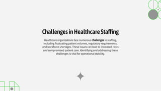 Healthcare organizations face numerous challenges in stafﬁng,
including ﬂuctuating patient volumes, regulatory requirements,
and workforce shortages. These issues can lead to increased costs
and compromised patient care. Identifying and addressing these
challenges is vital for operational stability.
ChallengesinHealthcareSta ng
 