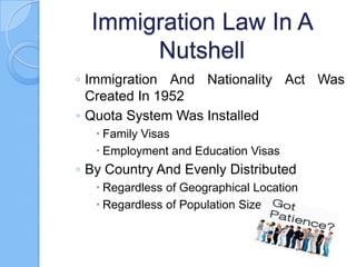 Immigration Law In A
       Nutshell
◦ Immigration And Nationality Act Was
  Created In 1952
◦ Quota System Was Installed
    Family Visas
    Employment and Education Visas
◦ By Country And Evenly Distributed
    Regardless of Geographical Location
    Regardless of Population Size
 