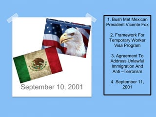 1. Bush Met Mexican
                     President Vicente Fox

                      2. Framework For
                      Temporary Worker
                        Visa Program

                       3. Agreement To
                       Address Unlawful
                       Immigration And
                        Anti –Terrorism

                       4. September 11,
September 10, 2001           2001
 