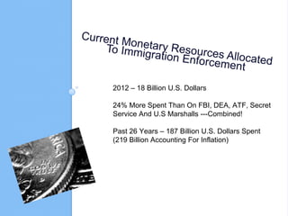 2012 – 18 Billion U.S. Dollars

24% More Spent Than On FBI, DEA, ATF, Secret
Service And U.S Marshalls ---Combined!

Past 26 Years – 187 Billion U.S. Dollars Spent
(219 Billion Accounting For Inflation)
 