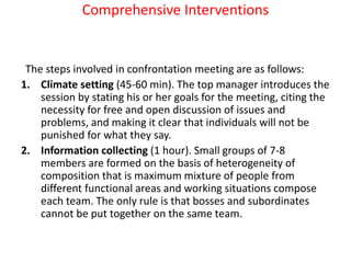 Comprehensive Interventions
The steps involved in confrontation meeting are as follows:
1. Climate setting (45-60 min). The top manager introduces the
session by stating his or her goals for the meeting, citing the
necessity for free and open discussion of issues and
problems, and making it clear that individuals will not be
punished for what they say.
2. Information collecting (1 hour). Small groups of 7-8
members are formed on the basis of heterogeneity of
composition that is maximum mixture of people from
different functional areas and working situations compose
each team. The only rule is that bosses and subordinates
cannot be put together on the same team.
 