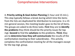 Comprehensive Interventions
4. Priority setting & Goal Action Planning (1 hour and 15 min.).
This step typically follows a break during which time the items
from the lists are duplicated for distribution to everyone. In a 15
min general session, the meeting leader goes to the list of items.
The groups are asked to do three tasks. First they are to identify
the problems they think should be the priority issues for top
mgt. Second to find the solutions to the problems. Third, they
are to determine how they will communicate the results of the
confrontation meeting to their subordinates . This activity
completes the confrontation meeting for all the managers except
for the top mgt. group.
 