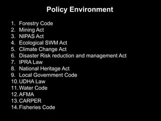 Policy Environment
1. Forestry Code
2. Mining Act
3. NIPAS Act
4. Ecological SWM Act
5. Climate Change Act
6. Disaster Risk reduction and management Act
7. IPRA Law
8. National Heritage Act
9. Local Government Code
10.UDHA Law
11.Water Code
12.AFMA
13.CARPER
14.Fisheries Code
 