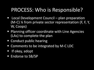PROCESS: Who is Responsible?
 Local Development Council – plan preparation
(M-C) ¼ from private sector representation (F, F, Y,
W, Coops)
 Planning officer coordinate with Line Agencies
(LAs) to complete the plan
 Conduct public hearing
 Comments to be integrated by M-C LDC
 If okey, adopt
 Endorse to SB/SP
 