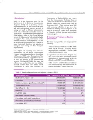 ................................
8 5
1. Introduction
India is at an important time in the
development of its Universal Immunization
Program (UIP). It is planning several
improvements such as the addition of many
new and underutilized vaccines as well as
adding new staff at different administrative
levels. India will need to secure other sources of
financing as it will probably be graduating from
GAVI support since its high Gross National
1
Income (GNI) per capita will make it ineligible
for support. As a result, information on the
costs and sources of financing for the UIP will
be particularly important for policy-makers to
make informed decisions on phasing-in
strategies and timing of these Program
improvements.
The report on costing and financial
sustainability of the India Immunization
Program was developed during the period June
to December 2013, under the auspices of the
Immunization Technical Support Unit (ITSU)
in India and assisted by the immunization
partners, WHO and UNICEF. The team that
collected and analyzed the data was led by a
research scientist from the Public Health
Foundation of India and consisted of
Government of India officials, and experts
from the Immunization Technical Support
Unit (ITSU-MoHFW) and the immunization
partners. Data was collected from June to
September 2013. Then meetings were held
with ministry officials to go over the
preliminary findings and assumptions to be
made in the analysis. Finally, from September
to December 2013 the data was analyzed and
put into a report.
The main findings of the cost analysis are the
following:
lTotal baseline expenditure was INR 3,446
2
crore ($718 million), including shared
3
personnel costs, and INR 2,131 crore ($444
million) without shared costs.
o Expenditure on the routine Program was
INR 1,253 crore ($261 million) and, on the
supplemental immunization activities
(SIAs), was INR 878 crore ($182 million).
l
2. Summary of Findings on Baseline
Expenditures
Table 1 shows total baseline expenditures
with shared costs and selected indicators on
cost per output and Program financing.
1
Countries' GAVI eligibility for the year 2014 is GNI per capita lower or equal to $1,570.
2
1 crore= ten million (10,000,000)
3
Shared costs include the value of inputs that are not specific to immunization and which are used by different
Programs or activities in the health sector — i.e. their utilization for immunization is less than 100%.
Table 1. Baseline Expenditures and Selected Indicators, 2012.
Total Expenditures (USD)
261,089,884
182,995,523
444,085,407
273,942,919
718,028,326
0.2
14
90
1
2
0.03
Total Expenditures (INR)
12,532,314,431
8,783,785,120
21,316,099,550
13,149,260,100
34,465,359,650
9.6
672
90
1
2
0.03
Baseline Indicators
Routine Immunization only
Campaigns
Total immunization specific expenditure (A)
Total shared cost (B)
Grand Total (A + B)
Per capita
Per DTP3 child
Percentage national funding
Percentage total health expenditures
Percentage govt. health expenditures
Percentage GDP
C o s t i n g a n d F i n a n c i a l S u s t a i n a b i l i t y o f t h e U n i v e r s a l I m m u n i z a t i o n P r o g r a m
 