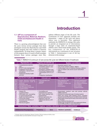 Introduction
1.1 UIP as a component of
Reproductive, Maternal, Newborn,
Child and Adolescent Health in
India
There is a growing acknowledgment that over
the years various service packages have been
developed around the Reproductive and Child
Health program that have tended to function
independently. To bring about a greater impact
of the program there is a need to build synergies
between these various packages since they
address different stages of the life cycle. The
'Continuum of Care' approach includes two
dimensions – stages of life cycle and places
where care is provided. This approach
underpins the RMNCH+A strategy that seeks
to provide an integrated set of interventions
through a large cadre of community-based
ASHAs and a three-tiered health system. The
key components of the RMNCH+A
interventions as a 'continuum of care' are given
in Table 1. Immunization is one of the key
1
elements in this strategy.
Table 1: RMNCH+A continuum of care across life cycle and different levels of healthcare
Reproductive care Newborn and childcarePregnancy and child birth care
• Comprehensive abortion
care
• RTI/STI case management,
• Postpartum IUCD and
sterilisation; interval IUCD
procedures
• Adolescent friendly health
services
• Skilled obstetric care and
immediate newborn care
and resuscitation
• Emergency obstetric care
• Preventing Parent to Child
Transmission (PPTCT) of
HIV
• Postpartum sterilisation
• Essential newborn care
• Care of sick newborn (SNCU, NBSU)
• Facility-based care of childhood illnesses (IMNCI)
• Care of children with severe acute malnutrition
(NRC)
• Immunisation
Clinical
• Family planning (including
IUCD insertion, OCP &
condoms)
• Prevention and
management of STIs
• Peri-conception Folic acid
supplenentation
• Full antenatal care
package
• PPTCT
• Early detection and
management of
illnesses in mother and
newborn
• Immunisation
• First level assessment
and care for newborn
and childhood illnesses
• Immunisation
• Micro-nutrient
supplementation
• Weekly IFA
supplementation
• Information and counselling
on sexual reproductive
health and family planning
• Community based
promotion and delivery of
contraceptives
• Menstrual hygiene
• Counselling and
preparation for newborn
care, breast feeding, birth
preparedness
• Demand generation for
pregnancy care and
institutional delivery (JSY,
JSSK)
Antenatal care Postnatal careReproductive health care
• Home-based newborn care and prompt referral
(HBNC scheme)
• Antibiotic for suspected case of newborn sepsis
• Infant and Young Child Feeding (IYCF), including
exclusive breast feeding and complementary feeding,
• Child health screening and early intervention services
(0-18 years)
• Early childhood development
• Danger sign recognition and care-seeking for illness
• Use of ORS and Zinc in case of diarrhoea
Intersectoral: Water, sanitation, hygiene, nutrition, education, education, empowerment
Outreach/SubcentreFamily&Community
Child health care
1
A Strategic Approach to Reproductive, Maternal, Newborn, Child and Adolescent Health in India:
For Healthy Mother and Child. MoHFW, Government of India, 2013.
Adolescence/ Pre-pregnancy Pregnancy Birth Newborn / postnatal Childhood
1
0 1................................
 