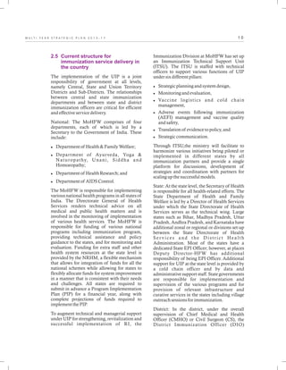 1 0M U L T I - Y E A R S T R A T E G I C P L A N 2 0 1 3 - 1 7
2.5 Current structure for
immunization service delivery in
the country
The implementation of the UIP is a joint
responsibility of government at all levels,
namely Central, State and Union Territory
Districts and Sub-Districts. The relationships
between central and state immunization
departments and between state and district
immunization officers are critical for efficient
and effective service delivery.
National: The MoHFW comprises of four
departments, each of which is led by a
Secretary to the Government of India. These
include:
lDepartment of Health & Family Welfare;
lDepartment of Ayurveda, Yoga &
Naturopathy, Unani, Siddha and
Homoeopathy;
lDepartment of Health Research; and
lDepartment of AIDS Control.
The MoHFW is responsible for implementing
various national health programs in all states of
India. The Directorate General of Health
Services renders technical advice on all
medical and public health matters and is
involved in the monitoring of implementation
of various health services. The MoHFW is
responsible for funding of various national
programs including immunization program,
providing technical assistance and policy
guidance to the states, and for monitoring and
evaluation. Funding for extra staff and other
health system resources at the state level is
provided by the NRHM, a flexible mechanism
that allows for integration of funds for all the
national schemes while allowing for states to
flexibly allocate funds for system improvement
in a manner that is consistent with their needs
and challenges. All states are required to
submit in advance a Program Implementation
Plan (PIP) for a financial year, along with
complete projections of funds required to
implement the PIP.
To augment technical and managerial support
under UIP for strengthening, revitalization and
successful implementation of RI, the
Immunization Division at MoHFW has set up
an Immunization Technical Support Unit
(ITSU). The ITSU is staffed with technical
officers to support various functions of UIP
under six different pillars:
lStrategic planning and system design,
lMonitoring and evaluation,
lVaccine logistics and cold chain
management,
lAdverse events following immunization
(AEFI) management and vaccine quality
and safety,
lTranslation of evidence to policy, and
lStrategic communication.
Through ITSU,the ministry will facilitate to
harmonize various initiatives being piloted or
implemented in different states by all
immunization partners and provide a single
platform for discussions, development of
strategies and coordination with partners for
scaling up the successful models.
State: At the state level, the Secretary of Health
is responsible for all health-related efforts. The
State Department of Health and Family
Welfare is led by a Director of Health Services
under which the State Directorate of Health
Services serves as the technical wing. Large
states such as Bihar, Madhya Pradesh, Uttar
Pradesh, Andhra Pradesh, and Karnataka have
additional zonal or regional or divisions set-up
between the State Directorate of Health
Ser vices and the District Health
Administration. Most of the states have a
dedicated State EPI Officer; however, at places
Deputy Director-HFW has additional
responsibility of being EPI Officer. Additional
support for UIP at the state level is provided by
a cold chain officer and by data and
administrative support staff. State governments
are responsible for implementation and
supervision of the various programs and for
provision of relevant infrastructure and
curative services in the states including village
outreach sessions for immunization.
District: In the district, under the overall
supervision of Chief Medical and Health
Officer (CMHO) or Civil Surgeon (CS), the
District Immunization Officer (DIO)
 