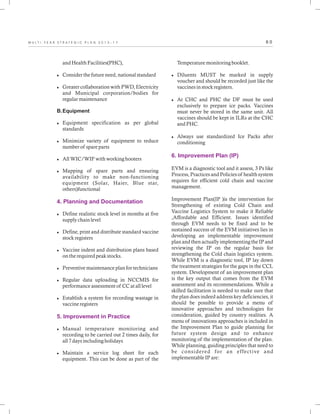 6 0M U L T I - Y E A R S T R A T E G I C P L A N 2 0 1 3 - 1 7
and Health Facilities(PHC),
lConsider the future need, national standard
lGreater collaboration with PWD, Electricity
and Municipal corporation/bodies for
regular maintenance
B.Equipment
lEquipment specification as per global
standards
lMinimize variety of equipment to reduce
number of spare parts
lAll WIC/WIF with working hooters
lMapping of spare parts and ensuring
availability to make non-functioning
equipment (Solar, Haier, Blue star,
others)functional
lDefine realistic stock level in months at five
supply chain level
lDefine, print and distribute standard vaccine
stock registers
lVaccine indent and distribution plans based
on the required peak stocks.
lPreventive maintenance plan for technicians
lRegular data uploading in NCCMIS for
performance assessment of CC at all level
lEstablish a system for recording wastage in
vaccine registers
lManual temperature monitoring and
recording to be carried out 2 times daily, for
all 7 days including holidays
lMaintain a service log sheet for each
equipment. This can be done as part of the
4. Planning and Documentation
5. Improvement in Practice
Temperature monitoring booklet.
lDiluents MUST be marked in supply
voucher and should be recorded just like the
vaccines in stock registers.
lAt CHC and PHC the DF must be used
exclusively to prepare ice packs. Vaccines
must never be stored in the same unit. All
vaccines should be kept in ILRs at the CHC
and PHC.
lAlways use standardized Ice Packs after
conditioning
EVM is a diagnostic tool and it assess, 3 Ps like
Process, Practices and Policies of health system
requires for efficient cold chain and vaccine
management.
Improvement Plan(IP )is the intervention for
Strengthening of existing Cold Chain and
Vaccine Logistics System to make it Reliable
,Affordable and Efficient. Issues identified
through EVM needs to be fixed and to be
sustained success of the EVM initiatives lies in
developing an implementable improvement
plan and then actually implementing the IP and
reviewing the IP on the regular basis for
strengthening the Cold chain logistics system.
While EVM is a diagnostic tool, IP lay down
the treatment strategies for the gaps in the CCL
system. Development of an improvement plan
is the key output that comes from the EVM
assessment and its recommendations. While a
skilled facilitation is needed to make sure that
the plan does indeed address key deficiencies, it
should be possible to provide a menu of
innovative approaches and technologies for
consideration, guided by country realities. A
menu of innovations approaches is included in
the Improvement Plan to guide planning for
future system design and to enhance
monitoring of the implementation of the plan.
While planning, guiding principles that need to
be considered for an effective and
implementable IP are:
6. Improvement Plan (IP)
 