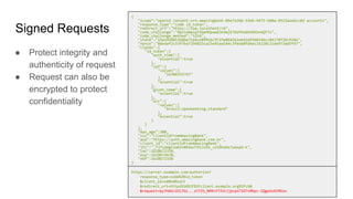 Signed Requests
{
"scope":"openid consent:urn-amazingbank-0be7a3bb-33e6-4d73-b60a-9523aee6cc0d accounts",
"response_type":"code id_token",
"redirect_uri":"https://tpp.localhost/cb",
"code_challenge":"0q5idWeuyFAGeHHpawD3k4mjE7WzPhw6hOdKbnAQY7s",
"code_challenge_method":"S256",
"state":"19a1456013b8be71e6ce89916c9723e0642e1eb42a9360146cc84178f2bc928e",
"nonce":"8dedaf2c53f7ba7294825ca25e45aa544c3feda8fd4ac16220c216e973ad5fd7",
"claims":{
"id_token":{
"auth_time":{
"essential":true
},
"cpf":{
"values":[
"16386335767"
],
"essential":true
},
"given_name":{
"essential":true
},
"acr":{
"values":[
"brasil:openbanking:standard"
],
"essential":true
}
}
},
"max_age":300,
"iss":"clientIdFromAmazingBank",
"aud":"https://auth.amazingbank.com.br",
"client_id":"clientIdFromAmazingBank",
"jti":"_fj7iamgC1wDzh8KXaJ7XzJiEK_s25DhoDs7uAxpU-k",
"iat":1618672338,
"exp":1618672638,
"nbf":1618672338
}
● Protect integrity and
authenticity of request
● Request can also be
encrypted to protect
confidentiality
https://server.example.com/authorize?
response_type=code%20id_token
&client_id=s6BhdRkqt3
&redirect_uri=https%3A%2F%2Fclient.example.org%2Fcb&
&request=eyJhbGciOiJSU...zCYIb_NMXvtTIVc1jpspnTSD7xMbpL-2QgwUsAlMGzw
 