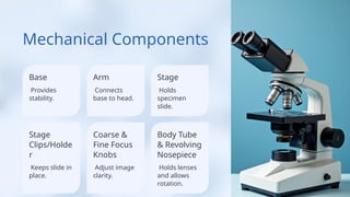 Mechanical Components
Base
Provides
stability.
Arm
Connects
base to head.
Stage
Clips/Holde
r
Coarse &
Fine Focus
Knobs
Keeps slide in
place.
Stage
Holds
specimen
slide.
Adjust image
clarity.
Body Tube
& Revolving
Nosepiece
Holds lenses
and allows
rotation.
 
