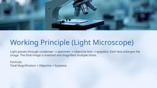 Working Principle (Light Microscope)
Light passes through condenser specimen objective lens eyepiece. Each lens enlarges the
→ → →
image. The final image is inverted and magnified multiple times.
Formula:
Total Magnification = Objective × Eyepiece
 