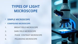 TYPES OF LIGHT
MICROSCOPE
• SIMPLE MICROSCOPE
• COMPOUND MICROSCOPE
1. BRIGHT FIELD MICROSCOPE
2. DARK FIELD MICROSCOPE
3. PHASE CONTRAST MICROSCOPE
4. POLARIZING MICROSCOPE
 