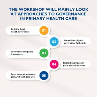 Dimensions of good
governance for health
01
02
04
03
05
THE WORKSHOP WILL MAINLY LOOK
AT APPROACHES TO GOVERNANCE
IN PRIMARY HEALTH CARE
Governance and policy
frameworks
Health Governance in
Rural and Urban areas
Governance structures at
primary health care level
Defining Good
Health Governance
 