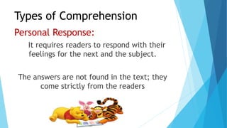 Types of Comprehension
Personal Response:
It requires readers to respond with their
feelings for the next and the subject.
The answers are not found in the text; they
come strictly from the readers
 