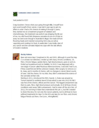 102
KellyHauf isa 52-year oldwomanwho eliminatedabraintumorwithcannabisoil
(http://www.cureyourowncancer.org/the-kelly-hauf-story-how-she-beat-brain-cancer-naturally-with-
cannabis-oil.html).She wasinitiallydiagnosedwithabraintumoron January18, 2000. Due to slow
growth,hersurgeonsaidit wouldbe okayto postpone surgeryandmonitorthe tumoreverythree
months.Aftera little overthree years,the tumorgrew significantly,andKellyhadsurgeryonSeptember
4, 2003. At thispoint,the cancer wasdeterminedtobe Grade IIOligodendroglioma.Kellycontinuedto
have MRIs everythree months,until aNovember2013 reportshowedregrowthof the tumor.Her
 