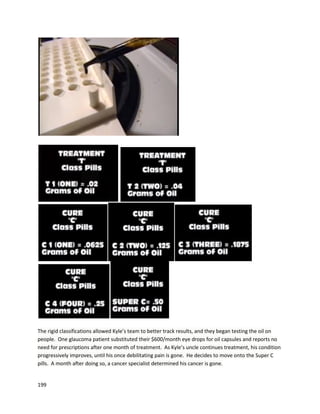 199
“We are seeinganincrease of chronicallyill patientsjoiningourcollectivelookingforrelief orevena
cure.The successstoriesandevidence of patientshealingisoverwhelmingand the proof inthe science
ishard to deny.
Patientsare findingreductionandcell deathintumors,evenreportingremissionfromusinghighly
concentratedCannabisOil alongwithothernatural supplements.
Dependingonthe type andaggressivenessof the cancer,the aimisfor patientstoingestapproximately
1-3 grams of highlyconcentratedoil aday.Patientschoosingcannabistherapyworkuptotakinglarge
dosesof the concentratedessentialoilsof Cannabis.”
AnotherpostfromApril 9, 2014 on Heavens2 Betseydetailsawoman’sexperience helpingher
grandmotherfightStage IV breastcancer,whichhad metastasizedtoherlungsandthroat
(http://heavens2betsey.com/spreading-awareness-through-research-not-selfies-my-grandmothers-
battle-with-breast-cancer).Doctorssaidchemotherapycouldmanage the cancerandmaybe shrinkit,
but the cancer wouldeventuallykillher. The patient’sgranddaughterhelpedhergrandmotherget
startedon a combinationof concentratedoils, CBD-richlozenges,tinctures,edibles,topical,and
vaporizedoils. Whenchemotherapywascompletedafterafew months,the patientwasplacedon
estrogenblockersandanti-nauseamedications,while continuingthe oil. Shortlyaftershe underwenta
newscan,whichsurprisedthe doctors – the largesttumor,aroundheresophagus,haddisappeared
completelyandsmall nodulesremaininginherlungsappearedreducedinsize. Doctorsdeclaredthe
patientinremission. The patient’sgranddaughternow fightstoraise awarenessof cannabis’legitimate
anti-cancerpotential,andherpassionisclearlyarticulatedthroughherwriting.
Myriam’sHope is anotherfemale-ledCaliforniacollective thatwasstartedto provide seriouslyill
patientswiththe highest-quality,lab-testedextracts (http://myriamshope.com).The organization’s
owner,Diana,starteditafterher momwas diagnosedwithStage IV glioblastomaonJanuary14, 2013,
one of the mostaggressive braincancers. She didsix weeksof radiationandeightmonthsof
chemotherapyalongwithcannabisoil,butinthe lastcouple monthshasonlybeenonoil. A holistic
doctor recommendedcannabisoil. Fromthe momentextracttreatmentbegan,Diana’smotherbegan
gettingbetter,andMRIs continuouslyshowed tumorshrinkage. Bloodcounttestresults were alsobeen
 