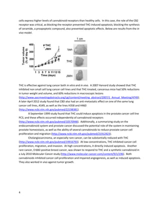 4
administeredTHCto twohumanpatients,andfoundthatTHC decreasedVEGFandMMP-2 levelsin
bothpatients
Othercancers have beenexaminedbyDr.Guzmán.A 2003 study showed activationof
cannabinoidreceptorswasassociatedwithapoptosisof skincancercells,whilehealthycellsremained
unaffected(http://www.jci.org/articles/view/16116).A 2006 studyon pancreaticcancer demonstrated
THC inducedapoptosisinfour pancreaticcancercell linesandreducedtumorgrowthintwoanimal
models(http://cancerres.aacrjournals.org/content/66/13/6748.full). Italsofound thatsome cancercells
express higherlevelsof cannabinoidreceptorsthanhealthycells.Inthiscase,the role of the CB2
receptorwascritical,as blockingthe receptorpreventedTHC-inducedapoptosis;blockingthe synthesis
of ceramide,aproapoptoticcompound,alsopreventedapoptoticeffects.Below are resultsfromthe in
vivo model.
THC is effectiveagainstlungcancerboth in vitro and in vivo.A 2007 Harvard studyshowedthatTHC
inhibitedandinducedapoptosisinnon-small celllungcancercell linesandthatTHC-treated,cancerous
mice had 50% reductionsintumorweightandvolume,and60% reductionsinmacroscopiclesions
(http://www.nature.com/onc/journal/v27/n3/full/1210641a.html).A laterApril 2012 studyfoundthat
CBD alsohad an anti-metastaticeffectonone of the same lungcancer cell lines,A549,as well asthe
linesH358 andH460 (http://www.ncbi.nlm.nih.gov/pubmed/22198381). CBD isalsoable to induce
apoptosisinA549 andH460 cells(http://www.ncbi.nlm.nih.gov/pubmed/23220503).
Both THC and CBD are alsoeffectiveagainstskincancer.AnOctober2015 studyin Life Sciences
usedTHC to reduce melanomatumorsinmice,shrinkingthe cancersby50%
(http://www.ncbi.nlm.nih.gov/pubmed/25921771). THC workedviathe immune system, mitigatingthe
pro-inflammatorymicroenvironmentof the cancercells.
 