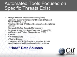 Automated Tools Focused on
Specific Threats Exist
• Fireeye: Malware Protection Service (MPS)
• Microsoft: Systems Management Server (SMS) and
Active Directory (AD)
• TripWire (nCircle): IP360 and Configuration Compliance
Manager
• AlienVault: Unified Security Management
• Symantec: Protection Suite Enterprise Edition (ED),
NetBackup and Veritas Cluster Server (VCS)
• PfSense
• APC Infrastruxure
• VMware vSphere
• Honeywell: NOTIFIER fire alarm systems, Access
control systems and Intrusion detection systems
“Hard” Data Sources
 