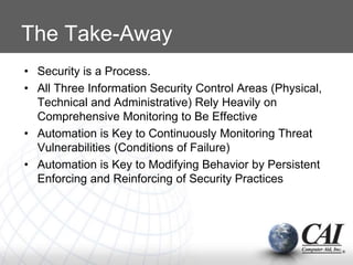 The Take-Away
• Security is a Process.
• All Three Information Security Control Areas (Physical,
Technical and Administrative) Rely Heavily on
Comprehensive Monitoring to Be Effective
• Automation is Key to Continuously Monitoring Threat
Vulnerabilities (Conditions of Failure)
• Automation is Key to Modifying Behavior by Persistent
Enforcing and Reinforcing of Security Practices
 