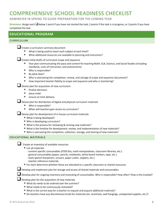 ©	M.B.Zielezinski	2016	 1	
COMPREHENSIVE	SCHOOL	READINESS	CHECKLIST	
ADMINSTER	IN	SPRING	TO	GUIDE	PREPARATION	FOR	THE	COMING	YEAR	
Directions:	Assign	each	q	below	1	point	if	you	have	not	started	the	task,	2	points	if	the	task	is	in	progress,	or	3	points	if	you	have	
completed	the	task.	
EDUCATIONAL	PROGRAM	
CURRICULUM	
qCreate	a	curriculum	summary	document	
§ What	is	being	used	to	teach	each	subject	at	each	level?	
§ What	additional	resources	are	available	to	planning	and	instruction?	
qCreate	initial	drafts	of	curriculum	scope	and	sequence	
§ Year	plan	communicating	the	pace	and	content	for	teaching	Math,	ELA,	Science,	and	Social	Studies	(including	
standards,	units	of	instruction,	and	assessments)	
§ Who	is	responsible?	
§ By	what	date?	
§ Who	is	overseeing	the	completion,	review,	and	storage	of	scope	and	sequence	documents?	
§ How	important	teacher	fidelity	to	scope	and	sequence	and	who	is	monitoring?	
qDevise	plan	for	acquisition	of	new	curriculum	
§ finalize	decisions	
§ place	order	
§ ensure	on	time	delivery	
qDevise	plan	for	distribution	of	digital	and	physical	curriculum	materials	
§ Who	is	responsible?	
§ When	will	teachers	gain	access	to	curriculum?	
qDevise	plan	for	development	of	in-house	curriculum	materials	
§ What	is	being	developed?	
§ Who	is	developing	curriculum?	
§ What	is	the	process	for	reviewing	&	revising	new	materials?	
§ What	is	the	timeline	for	development,	review,	and	implementation	of	new	materials?	
§ Who	is	overseeing	the	completion,	collection,	storage,	and	sharing	of	new	materials?		
EDUCATIONAL	MATERIALS	
q Create	an	inventory	of	available	resources		
§ List	all	materials	
-content	specific	consumables	(FOSS	kits,	math	manipulatives,	classroom	libraries,	etc.)	
-general	consumables	(paper,	pencils,	notebooks,	white	board	markers,	tape,	etc.)		
-tools	(pencil	sharpeners,	scissors,	paper	cutter,	staplers,	etc.)	
-teacher	reference	materials	
§ For	each	determine	whether	these	are	allocated	to	a	specific	classroom	or	shared	resources	
qDevelop	and	implement	plan	for	storage	and	access	of	shared	materials	and	consumables	
qDevelop	plan	for	ongoing	inventory	and	restocking	of	consumables.	Who	is	responsible?	How	often?	How	is	this	tracked?	
qDevelop	plan	for	the	acquisition	of	new	materials	
§ What	do	needs	to	be	ordered	over	the	summer?	
§ What	needs	to	be	continuously	restocked?	
§ What	is	the	correct	way	for	a	teacher	to	request	and	acquire	additional	materials?		
§ Do	teachers	have	any	discretionary	funds	for	materials	(ex.	incentives,	wall	hangings,	unexpected	supplies,	etc.)?	
 