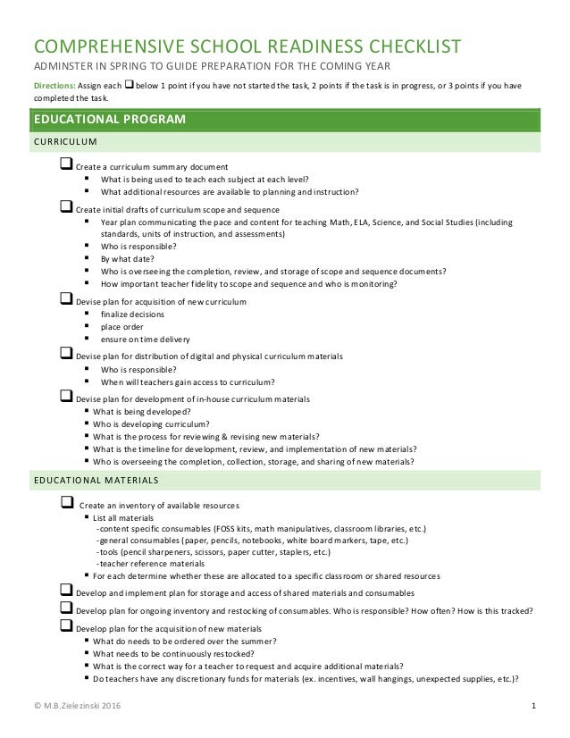Comprehensive School Readiness Checklist MBZ