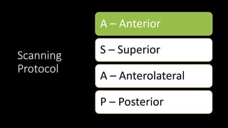 Scanning
Protocol
A – Anterior
S – Superior
A – Anterolateral
P – Posterior
 