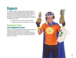 9
Diagnosis
The first step in setting up a proper waste management program at
your school is to perform a diagnostic study. Gather information on
what products are being used and what type of garbage is generated,
how it is managed, and what effects it produces. Gaining more
information on the school’s specific problems will help you make the
best decisions to promote proper waste management. This task can be
accomplished in two steps:
•	 Analyzing your school’s waste management systems
•	 Identifying the types of waste generated at your school
Analyzing your school’s
waste management systems
In table 3 we offer an example survey that will help you investigate the
generation and handling of waste at your school and its	
environmental impacts. Once the survey is completed, analyze your
results and decide what you should do to reduce the environmental
impact of your school’s waste. Solutions may lead to small economic
benefits for your school.
 