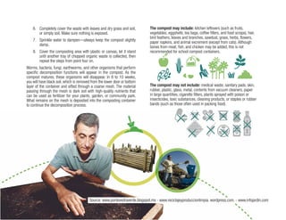 26
6.	 Completely cover the waste with leaves and dry grass and soil,
or simply soil. Make sure nothing is exposed.
7.	 Sprinkle water to dampen—always keep the compost slightly
damp.
8.	 Cover the composting area with plastic or canvas, let it stand
until another tray of chopped organic waste is collected, then
repeat the steps from point four on.
Worms, bacteria, fungi, earthworms, and other organisms that perform
specific decomposition functions will appear in the compost. As the
compost matures, these organisms will disappear. In 8 to 10 weeks,
you will have black soil, which is removed from the lower door or bottom
layer of the container and sifted through a coarse mesh. The material
passing through the mesh is dark soil with high-quality nutrients that
can be used as fertilizer for your plants, garden, or community park.
What remains on the mesh is deposited into the composting container
to continue the decomposition process.
The compost may include: kitchen leftovers (such as fruits,
vegetables, eggshells, tea bags, coffee filters, and food scraps), hair,
bird feathers, leaves and branches, sawdust, grass, herbs, flowers,
paper napkins, and animal excrement (except from cats). Although
bones from meat, fish, and chicken may be added, this is not
recommended for school compost containers.
The compost may not include: medical waste, sanitary pads, skin,
rubber, plastic, glass, metal, contents from vacuum cleaners, paper
in large quantities, cigarette filters, plants sprayed with poison or
insecticides, toxic substances, cleaning products, or staples or rubber
bands (such as those often used in packing food).
Source: www.pontevedraverde.blogspot.mx - www.reciclajeyproduccionlimpia. wordpress.com. - www.infojardin.com
 