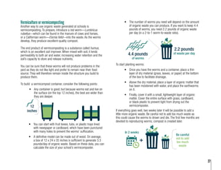 27
Vermiculture or vermicomposting
Another way to use organic waste generated at schools is
vermicomposting. To prepare, introduce a red worm—Lumbricus
rubellus—which can be found in the manure of cows and horses,
or a Californian worm—Eisrnia fetid—into the waste. As the worms
develop, they produce excellent-quality compost.
The end product of vermicomposting is a substance called humus,
which is an excellent soil improver. When mixed with soil, it lends
permeability to both air and water, increasing water retention and the
soil’s capacity to store and release nutrients.
You can be sure that these worms will not produce problems in the
yard as they do not like light and prefer to remain near their food
source. They will therefore remain inside the structure you build to
produce them.
To build a vermicompost container, consider the following points:
•	 Any container is good, but because worms eat and live on
the surface (on the top 12 inches), the best are wider than
they are deeper.
•	 The number of worms you need will depend on the amount
of organic waste you can produce. If you want to keep 4.4
pounds of worms, you need 2.2 pounds of organic waste
per day (in a 2-to-1 worm-to-waste ratio).
To start planting worms:
•	 Once you have the worms and a container, place a thin
layer of dry material (grass, leaves, or paper) at the bottom
of the box to facilitate drainage.
•	 Above the dry material, place a layer of organic matter that
has been moistened with water, and place the earthworms
on it.
•	 Finally, cover it with a small, lightweight layer of organic
matter. Cover the entire surface with grass, cardboard,
or black plastic to prevent light from drying out the
vermicomposter.
•	 You can start with fruit boxes, tubs, or plastic trays lined
with newspaper or cardboard, which have been punctured
with many holes to prevent the worms’ suffocation.
•	 A definitive model can be made out of wood. On average,
a box of 12 x 24 x 35 inches is sufficient to generate 3.3
pounds/day of organic waste. Based on these data, you can
calculate the size of your school’s vermicomposter.
12
inches
of worms
4.4 pounds of waste per day
2.2 pounds
If everything goes well, two weeks later it will be possible to add a
little more organic waste. Be careful not to add too much waste as
this could cause the worms to drown and die. The first few months are
devoted to reproducing worms; compost is created later.
In 2 weeks
not to add
too much
waste
Be careful
12
inches
2.2 pounds
4.4 pounds of waste per day
of worms
In 2 weeks
Be careful
not to add
too much
waste
 