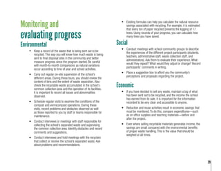 29
•	 Existing formulas can help you calculate the natural resource
savings associated with recycling. For example, it is estimated
that every ton of paper recycled prevents the logging of 17
trees. Using records of your progress, you can calculate how
many trees you have saved.
Social
•	 Conduct meetings with school community groups to describe
the experiences of the different project participants (students,
teachers, administrative staff, waste collection staff, and
administrators). Ask them to evaluate their experience. What
would they repeat? What would they adjust or change? Record
participants’ comments in writing.
•	 Place a suggestion box to afford you the community’s
perceptions and proposals regarding the project.
Economic
•	 If you have decided to sell any waste, maintain a log of what
has been sent out to be recycled, and the income the school
has earned from its sale. It is important for the information
recorded to be very clear and accessible to anyone.
•	 Reduction and reuse activities result in economic savings that
must be monitored. To do this, compare expenditures—such
as on office supplies and teaching materials—before and
after the project.
•	 Even where selling recyclable materials generates income, the
savings are small compared with the environmental benefits
of proper waste handling. This is the value that should be
weighed at all times.
Monitoring and
evaluating progress
Environmental	
•	 Keep a record of the waste that is being sent out to be
recycled. This way you will know how much waste is being
sent to final disposal sites in the community and better
measure progress since the program started. Be careful
with month-to-month comparisons as natural variations
occur according to time of year and school activities.
•	 Carry out regular on-site supervision of the school’s
different areas. During these tours, you should review the
content of bins and the extent of waste separation. Also
check the recyclable waste accumulated in the school’s
common collection area and the operation of its facilities.
It is important to record all issues and abnormalities
observed.
•	 Schedule regular visits to examine the conditions of the
compost and vermicompost operations. During these
visits, record problems and obstacles observed as well
as those reported to you by staff or teams responsible for
maintenance.
•	 Conduct interviews or meetings with staff responsible for
collecting the school’s separated waste and supervising
the common collection area. Identify obstacles and record
comments and suggestions.
•	 Conduct interviews and hold meetings with the recyclers
that collect or receive the school’s separated waste. Ask
about problems and recommendations.
 