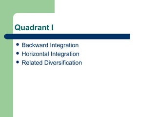 Quadrant I
 Backward Integration
 Horizontal Integration
 Related Diversification
 