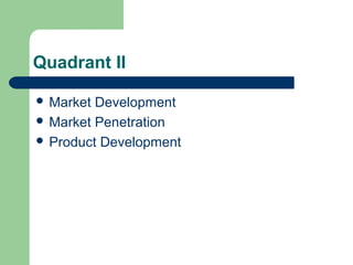 Quadrant II
 Market Development
 Market Penetration
 Product Development
 