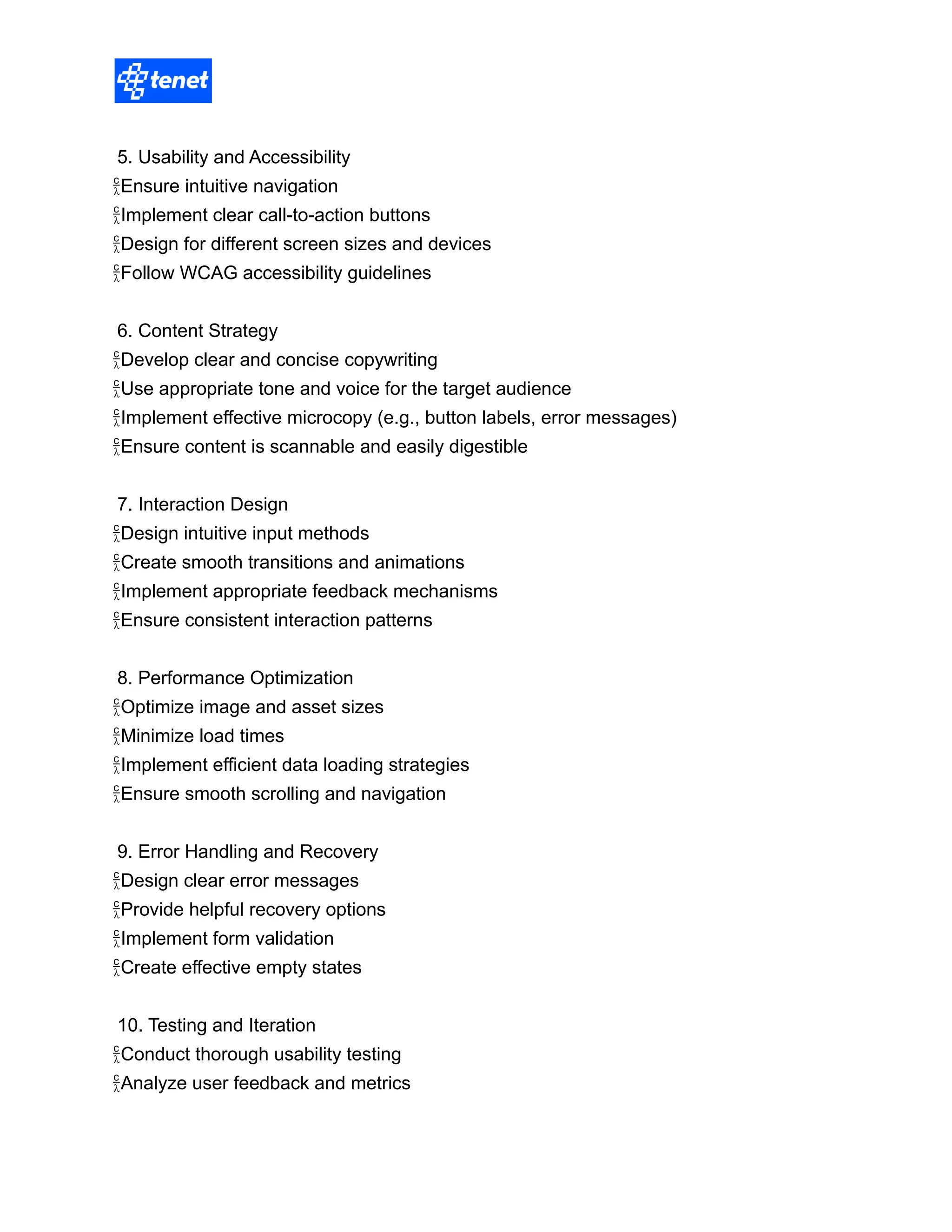 Comprehensive UI/UX Design Checklist by Tenet | DOCX